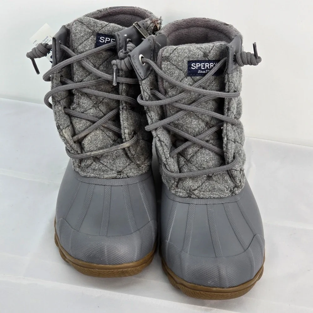 Sperry Quilted Duck Boots‎ Gray Zip Lace Up Waterproof Winter Women 5 NWOB